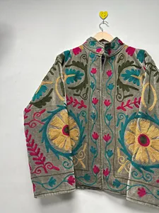 Luxury <b>Velvet</b> Suzani Embroidered <b>Jacket</b> With Floral pattern Full Sleeve Stand Collar <b>Women's</b> Winter Coat Handmade Patchwork - Product Image 5