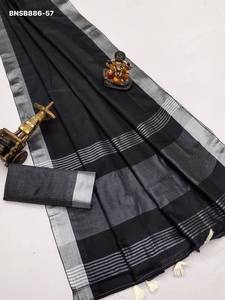 Ensemble Saree et Blouse en Lin de Qualité Supérieure avec Motifs Zari, Nouvelle Variété, pour Occasions Spéciales, Mode Féminine, Exportateur - Product Image 2