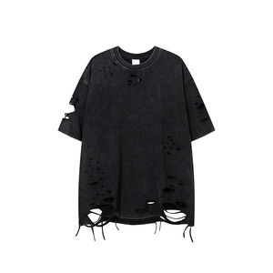 เสื้อยืดโอเวอร์ไซส์แขนสั้นผู้ชายสไตล์ฮิปฮอปผ้าฝ้าย 100% ซักแบบวินเทจสองชั้น ทรงหลวม ดีไซน์ขาดๆ แบบเรียบง่าย เป็นมิตรกับสิ่งแวดล้อม - Product Image 3