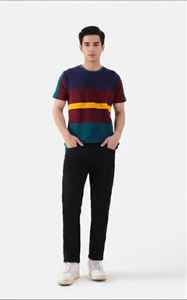 T-shirt Elite Horizon à rayures multiples – Coton épais de qualité supérieure, empiècements color-block audacieux en bordeaux, bleu marine et vert sarcelle - Product Image 2