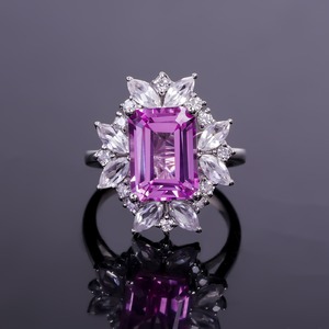 <b>Silver</b> <b>Ring</b> With Lab Grown Pink Sapphire Emerald Cut with Diamond Halo Elegant <b>Statement</b> <b>Ring</b> for Women Fine Jewellery Gift - Product Image 3