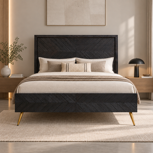 Elegant Wooden <b>Bed</b> <b>Frame</b> With Geometric Chevron Design, <b>Raised</b> Headboard And Mid Century Style Legs <b>For</b> Modern Bedroom Furniture - Product Image 3