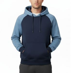 Sudadera con capucha para hombre de diseño superior, de dos tonos, con mangas raglán, en contraste azul marino y azul acero, de alta calidad, estilo urbano. - Product Image 4