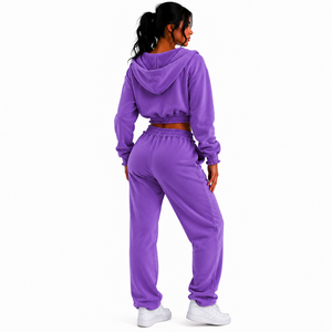 Ensemble sweat à capuche court brodé zippé et pantalon de survêtement long en molleton 100 % coton de couleur unie pour femme - Product Image 2
