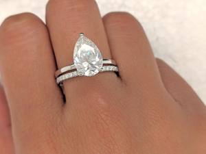 Ensemble de bagues de mariage en or blanc 14 carats massif pour femmes, bague de fiançailles avec halo caché en moissanite taille poire 3 carats, bijoux fins - Product Image 5