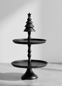 Seasonal Festive 2 Layer Black Metal Cake <b>Stand</b> Beaded Serving Tray Christmas Tree Finial Handle <b>Afternoon</b> <b>Tea</b> Display <b>Stand</b> - Product Image 2