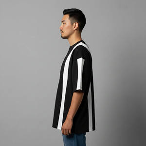 Plus Size Men's Oversized Black White Striped Short Sleeve T-Shirt With Front <b>Logo</b> Print Casual Style O-Neck 100% Cotton Jersey - Product Image 6
