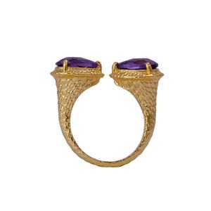 Amethyst Quartz Pear Open Adjustable Texture Ring Gold Plated Handmade Two Stone Statement Gemstone Rings Women Fashion Jewelry - Product Image 5