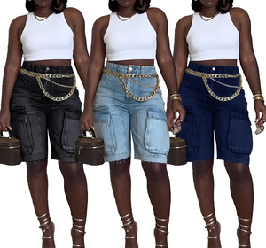 2025 Winter Mid Waist Regular <b>Boot</b> Cut Denim Cargo Shorts Plus Size Quick Dry <b>Vintage</b> Nylon/Cotton Medium Wash Illusion Women - Product Image 1