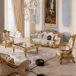 Ensemble de canapés Emma Luxury Classic Royal en bois d'acajou sculpté, finition blanc et or, design français, meubles de salon - Product Image 1