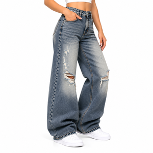 Jean délavé vintage pour femme, coupe large, taille haute, déchiré aux genoux, style décontracté et tendance - Product Image 2