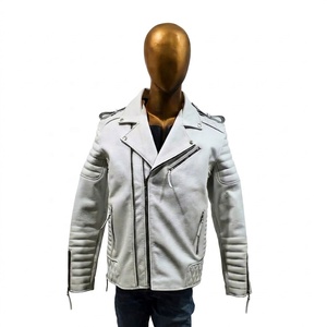 Veste de motard en cuir véritable blanc avec poche avant, imperméable, hiver - Product Image 1