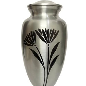 Modern Brushed Silver Floral Metal Keepsake Urn with <b>Black</b> Etched Design for Memorial Ashes - Product Image 1