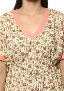 Mignon vêtement de nuit caftan longueur plancher motif fleur jaune avec des garnitures de pêche tissé pyjama blanc jolie cette collection de vêtements de nuit - Product Image 5