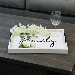 Bandeja de Servicio de Madera Blanca de Lujo al por Mayor, Plato para Hotel con Elegante Impresión de Escritura Familiar y Modernas Asas de Metal Negro - Product Image 1
