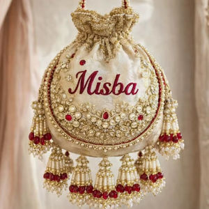 Bolsa de Seda Personalizada con Nombre, Bolsa de Cordón con Pedrería de Rubí y Bordado Dorado, Bolso Étnico para Mujer, Bolso de Mano para Boda - Product Image 1