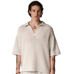 Polo Homme Gris Clair Tricoté Oversize à Manches Courtes, Maille Texturée, Décontracté, Haut d'Été Ample, Pull Polo OEM - Product Image 3