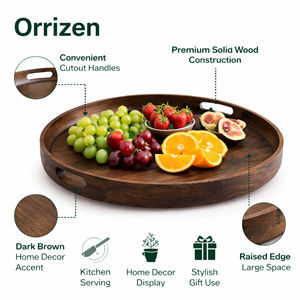 Plateau de service rond décontracté avec poignée, en bois brun foncé, pour la maison, la cuisine, la table, la décoration, l'organisation, comme présentoir, pour cadeaux, rangement et accents décoratifs - Product Image 5
