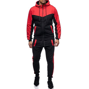 Conjunto Deportivo con Capucha para Hombre, Color Rojo y Negro, Bloques de Color, Manga Larga, Cordón Ajustable, Ropa Deportiva de Otoño, Transpirable, 100% Algodón Felpa - Product Image 1