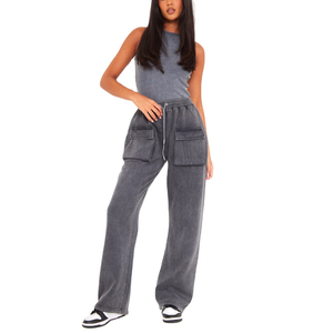 Pantalon de survêtement gris pour homme, coupe large, taille élastique avec cordon de serrage, poches latérales, décontracté, pour l'automne, 100 % coton, délavage sable, tricoté mi-lourd - Product Image 1