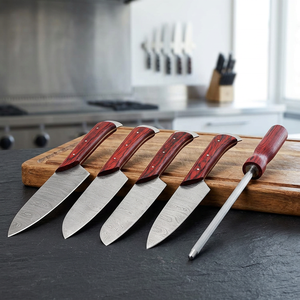 Ensemble de 5 couteaux de chef en acier Damas fait main, avec manche en bois de Pakka et étui en cuir fin, couteaux de cuisine, couteau de camping - Product Image 3