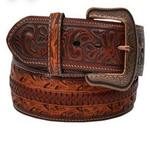 Cinturón de herramientas en relieve con patrón occidental de nueva calidad de exportación para hombres y mujeres con hebilla floral de cobre antiguo tamaños personalizados - Product Image 1