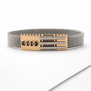 925 Sterling <b>Silver</b> <b>Solid</b> Gold Accent Cubic Zirconia <b>Bracelet</b> High Polish Luxury Geometric Mesh Link Mens Unisex for Wedding Par - Product Image 1