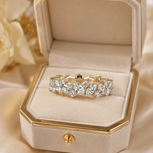 แหวนเพชรทรงกลมและทรงมาร์คีส์ 14K ทองคำ ประดับเพชรแล็บโกรว์แบบ Eternity Band |   แหวนแต่งงานแบบ Prong Set สามารถซ้อนกันได้ ของขวัญเครื่องประดับแต่งงานชั้นดี - Product Image 2