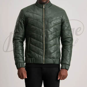 Blouson Homme Vert Foncé en Similicuir Matelassé Style Bomber Col Montant Coupe Slim Décontracté Motard - Product Image 3