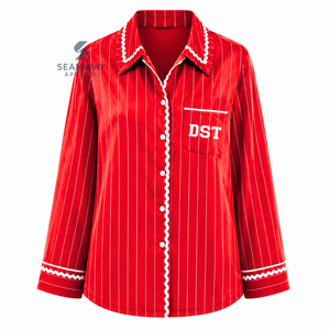Delta| Sigma |Theta Women's Striped Pajama Set Button Front Long Sleeve Sleepwear Contrast Trim Lounge <b>PJs</b> With Drawstring Pants - Product Image 2
