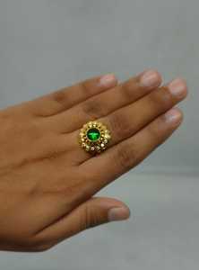 Stunning Round Green Crystal <b>Ring</b> Gold Plated Floral Sunburst <b>CZ</b> Halo Statement Ethnic Fashion Jewelry for Women Wholesale - Product Image 4