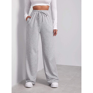 Pantalones Deportivos de Cintura Alta y Pierna Ancha para Mujer, Corte Holgado, Color Gris, Algodón, Casuales, Cintura Elástica, Color Sólido, para Otoño - Product Image 3