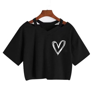Pink Women's V-Neck Crop <b>Top</b> Short Sleeve 100% Cotton Jersey Cute <b>Heart</b> Print Loose Fit Spring Summer T-Shirt Custom Logo - Product Image 2