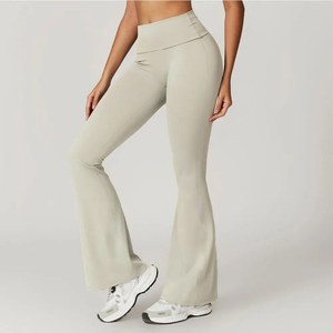 High Waist <b>Flared</b> Leg Yoga <b>Leggings</b> Full Length Solid Black Eco-Friendly Four-Way Stretch Fitness Pants Women Workout Wear - Product Image 2