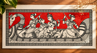Œuvre d'art traditionnelle Pattachitra sur papier, de forme rectangulaire, provenant d'Odiya, Inde, représentant la scène divine de Radha Krishna Naukavihar.
