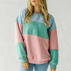 Pastel Tri Color <b>Block</b> Crewneck Sweatshirt Womens Multi Colorful Chenille Embroidery Pullover Fleece Hoodies Heavyweight Sweater - Product Image 5
