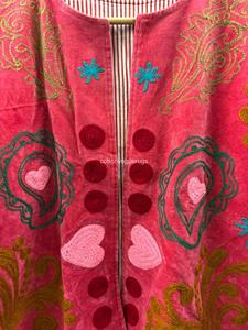 Abrigo Bohemio de Terciopelo Rosa Bordado con Patrón de Paisley en Forma de Corazón, Cuello Redondo, Manga Farol, Talla Grande, Ropa Exterior para Mujer, Ropa de Otoño - Product Image 5