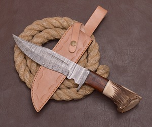 Couteau de chasse Bowie en acier Damas fait main, manche en bois et corne, style Viking, qualité industrielle, lame droite, 14 pouces, fixe, OBM, pour l'extérieur - Product Image 4