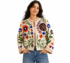 Chaqueta Bomber de Algodón con Bordado Floral para Mujer, Cuello Mandarín, Manga Larga, Diseño Hecho a Mano para Primavera - Product Image 1