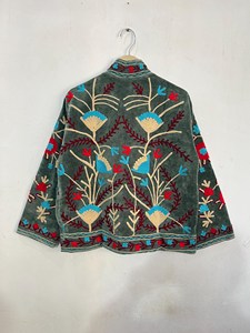 Vintage Style Sage <b>Velvet</b> <b>Jacket</b> with Heavy Floral Embroidery <b>Women</b> Ethnic Boho Outerwear - Product Image 5