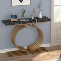 Mesa Consola Moderna Convertible de Metal con Tapa de Piedra y Base Dorada de 40 Pulgadas, Geométrica, para Entrada, Sala de Estar, Estrecha, Larga, Contemporánea