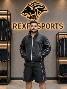 REXFIT SPORTS 2026 Ensemble coupe-vent en nylon noir pour homme – Veste à col montant entièrement zippée et short à cordon de serrage – Tenue de sport personnalisée - Product Image 5