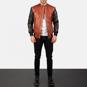 Blouson aviateur en cuir véritable pour homme, col montant, fermeture éclair, manches noires, corps marron, coupe ajustée, style moto, pour l'automne - Product Image 1