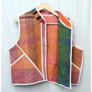 100% Cotton Printed Floral Kantha Quilted Jacket Women Handmade Breathable Autumn/Winter Sleeveless Vest <b>Button</b> Patchwork Design - Product Image 3