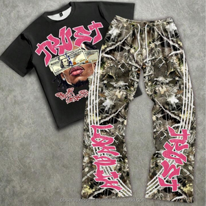 เสื้อยืดพิมพ์ลายแบบดิสเทรสทรงบาน ชุดเสื้อผ้าสตรีทแวร์ผ้าฝ้ายทรงโอเวอร์ไซส์ สไตล์ฮิปฮอป เป็นมิตรกับสิ่งแวดล้อม สำหรับผู้ชาย ฤดูร้อน - Product Image 4