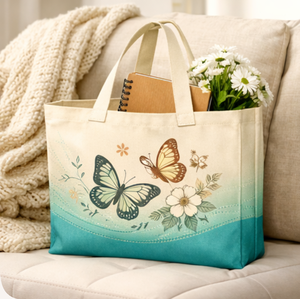 Bolsa de Playa de Lona con Estampado Floral de Mariposas, Gran Capacidad, Asa Superior, Bolsa de Compras Casual para Uso Diario - Product Image 3