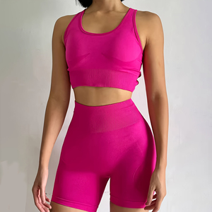 Fashionable Pink Ribbed Racerback Crop Top and Scrunch Butt Biker Shorts <b>Set</b> for Ladies Perfect Workout <b>Yoga</b> Running Fitness - Product Image 1