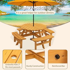 Tavolo da Picnic Circolare in Legno per 8 Persone con 3 Panche Integrate per Patio, Cortile o Giardino, Design Naturale Elegante - Product Image 4
