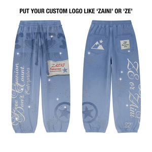 Pantalon de jogging pour femme en molleton de coton et polyester 330 GSM, imprimé graphique bleu, patch en strass, logo personnalisé OEM ODM - Product Image 1