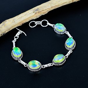 Vintage 925 Silver Opal <b>Bracelet</b> Women's Chain Link Bezel Setting Everyday Wear Green Blue Iridescent Stone Jewelry - Product Image 1